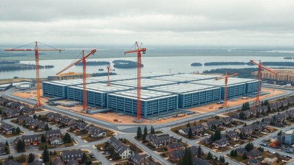 Data center construction site near suburban homes and a lake.