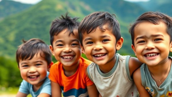 Four children sitting on grass smiling outdoors, Positive Psychology for Children.