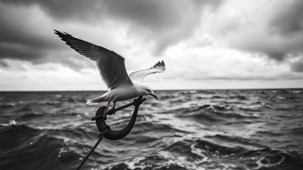 Overcoming Leadership Obstacles concept with seagull and anchor.