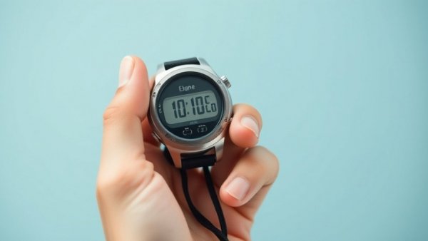 Close-up of hand timing in track and field with stopwatch.