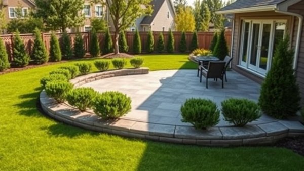 Modern patio with stone border and shrubs, weed prevention ideas