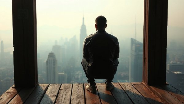 Man sitting on platform with city view, reflecting on long-term storage for expats.