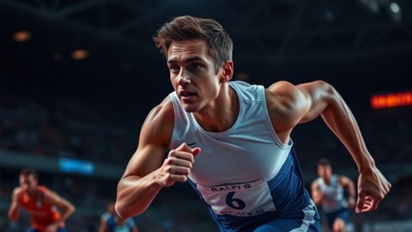 Comparison of 100m vs 200m in relay races with athlete and speaker.