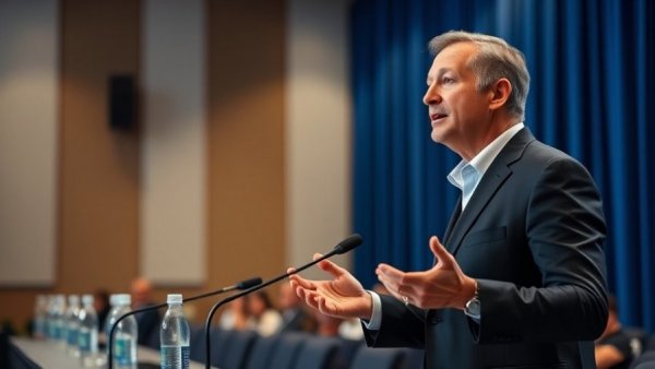 Professional speaker discusses AI in construction at tech forum.