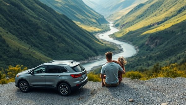 Couple on road trip enjoying scenic mountain view