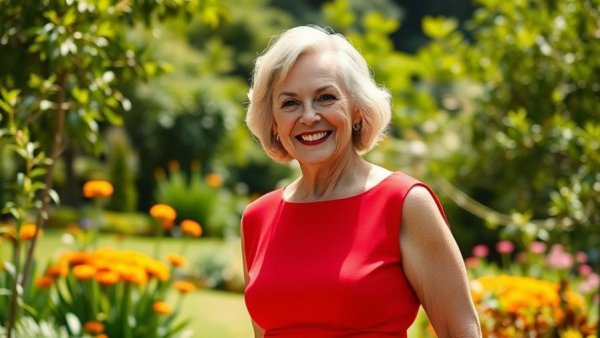Fashion over 60: Elegant older woman in red dress in garden