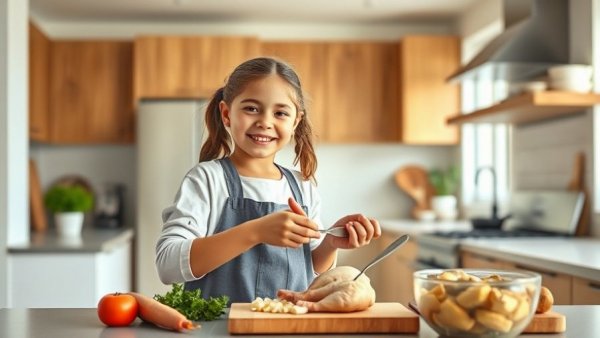 Tween girl cooking as part of summer life skills activities.