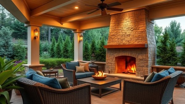 Tranquil garden sanctuary with cozy outdoor fireplace and elegant seating.