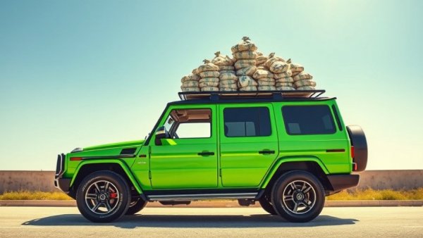 Green SUV with money bags symbolizing auto loan debt in America.