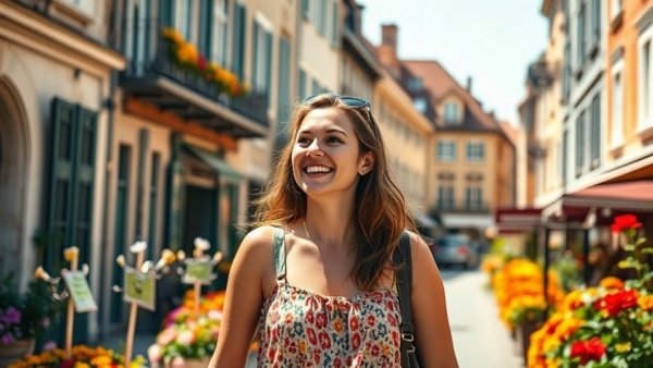 Smiling woman exploring a vibrant European street, Explore Europe Without a Visa.