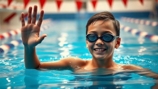 Young swimmer smiling and waving in pool at Sydney Open 2026