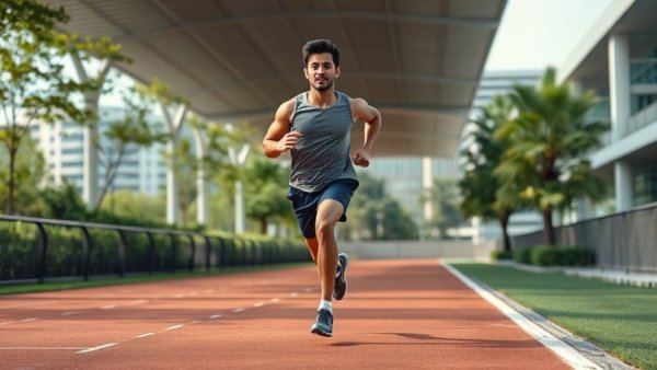 Energetic male runner on longest outdoor AC running track.