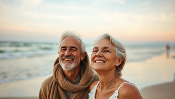 Mature couple enjoying a beach moment, ideal for US visitors insurance for aging parents.