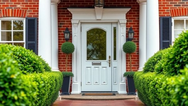 White front door with glass panel and brick facade reasons to replace your front door.
