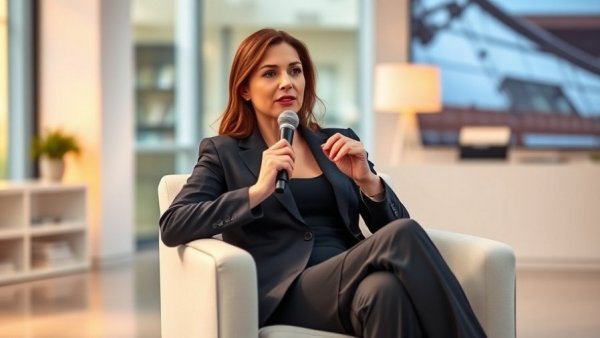Define success in athletics: Woman speaking confidently at event.