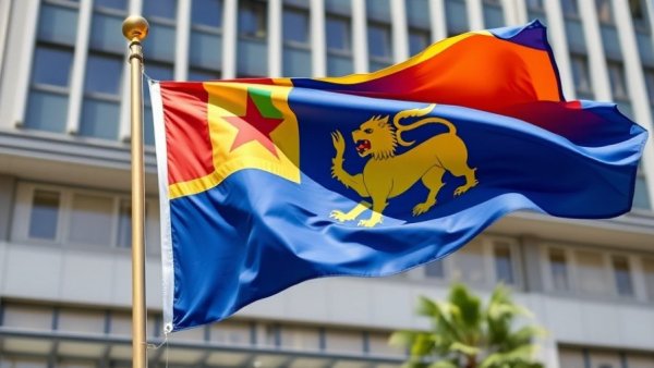 Sri Lankan flag waving in front of a building, related to Sri Lanka train derailment news.