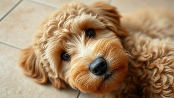 Cute Labradoodle puppy on tiled floor, Mother's Day activities in NYC pet-friendly vibes.