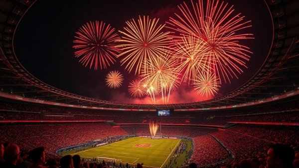 Spectacular Amir Cup 2026 Final fireworks over crowded stadium at night.
