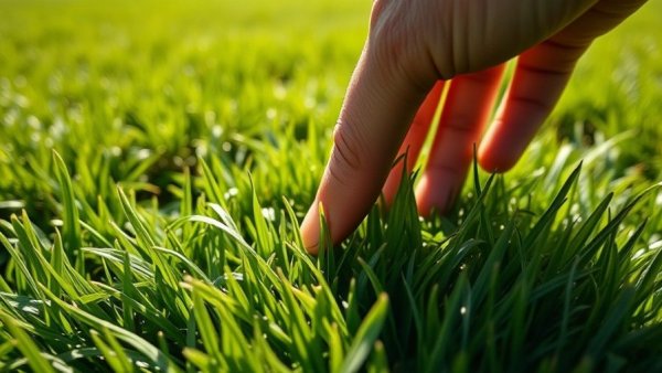 Hand pressing spongy lawn grass for solutions, vibrant close-up.