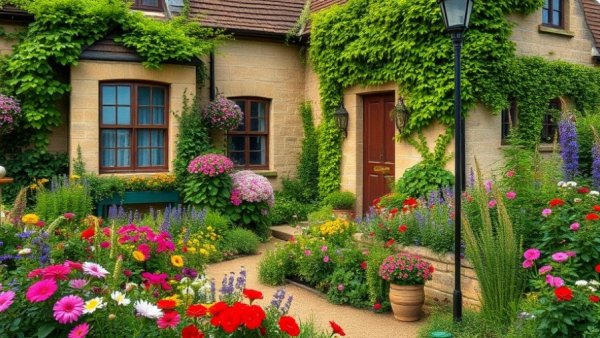 Charming British cottage garden with lush, colorful flora.