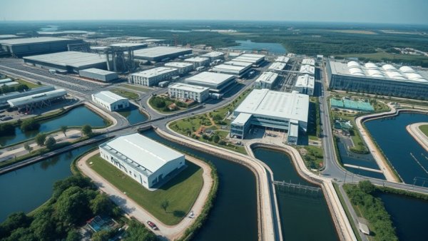 Aerial view of Virginia floodwater management project featuring modern structures and water channels.