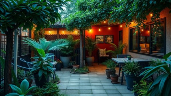 Shade garden ideas to stop weeds; lush greenery and cozy setup.