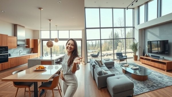 Modern open concept layout with excited young woman pointing.