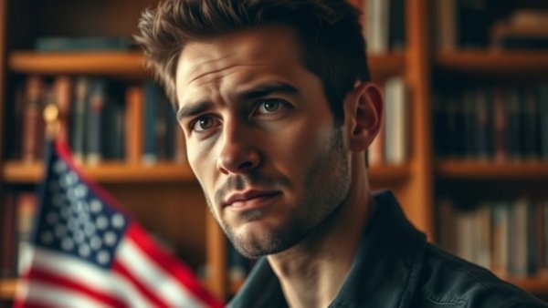 American contemplation with flag, depicting citizens' thoughts on leaving.
