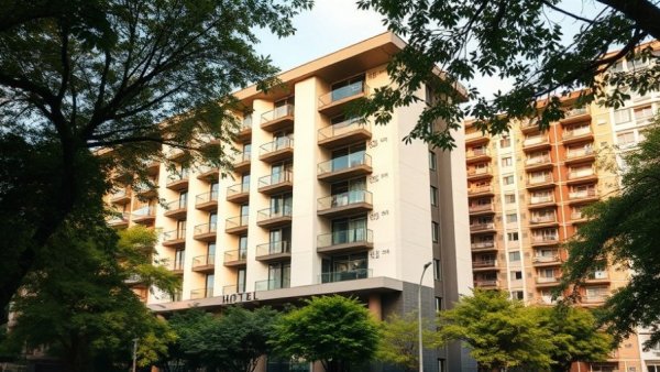 Modern hotel architectural design with greenery at lakeside.