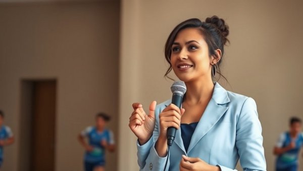 Young woman discussing 4x400m relay performance with athletes montage