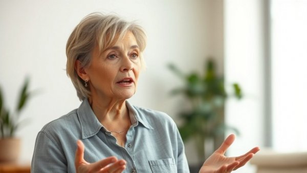 Middle-aged woman discussing cost of living in Spain indoors.