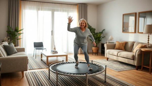 Middle-aged woman enjoying rebounding fitness benefits at home.