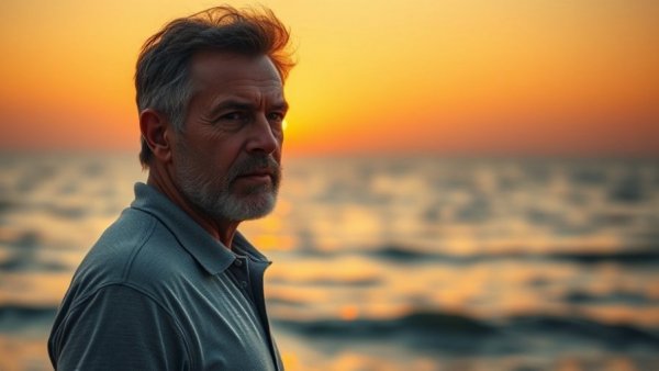 Life after 50 reflection, man at sunset ocean view.