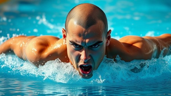 Swimmer competing in blue pool, intense swim action.