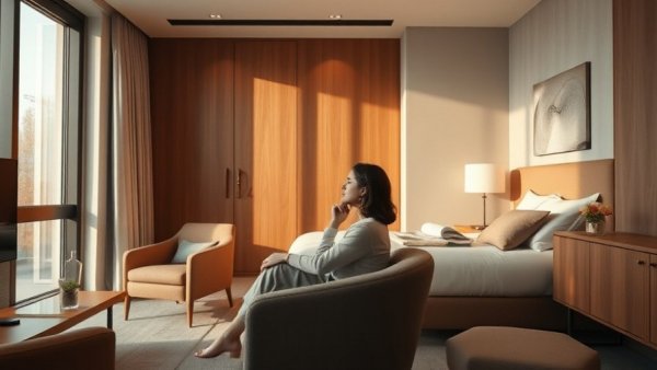 Modern minimalist hotel room with elegant design and warm lighting.