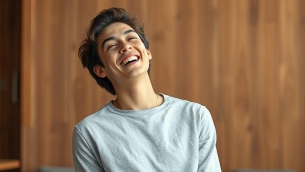 Casually dressed person laughing indoors, relaxed atmosphere.