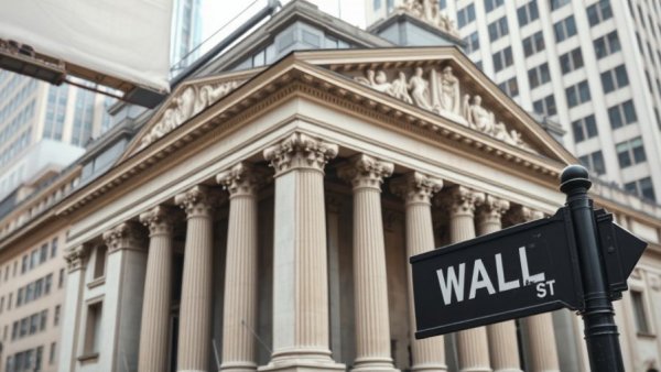 Stock exchange facade with Wall Street sign, data center construction influence.