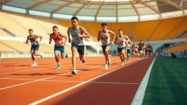 Runners sprinting to a finish line on a sunny day, vibrant track.