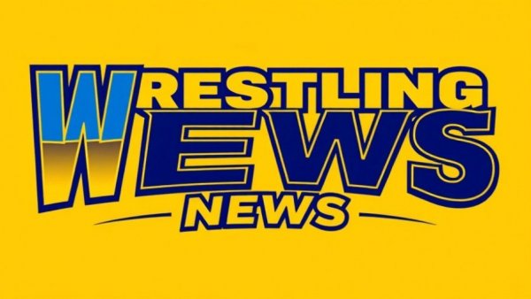 Bold wrestling news logo, blue text on yellow background