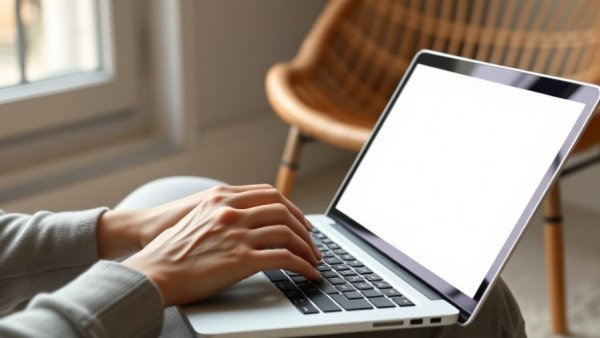 Hands typing on a laptop with a blank screen, smart technology tools for entrepreneurs.