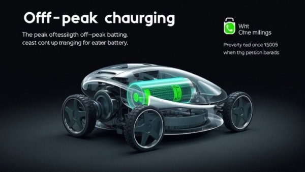 Futuristic robot mower highlighting battery health with off-peak charging.
