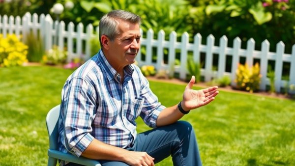 Middle-aged man discussing daily mowing secrets outside in a garden setting.
