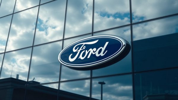 Ford logo on reflective glass building against cloudy sky.