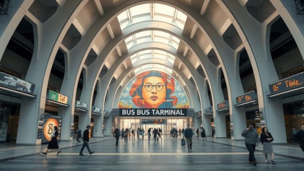 Futuristic Midtown Bus Terminal entrance with modern design and vibrant murals.