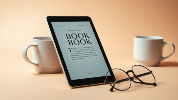 Tablet displaying book cover and coffee with glasses.