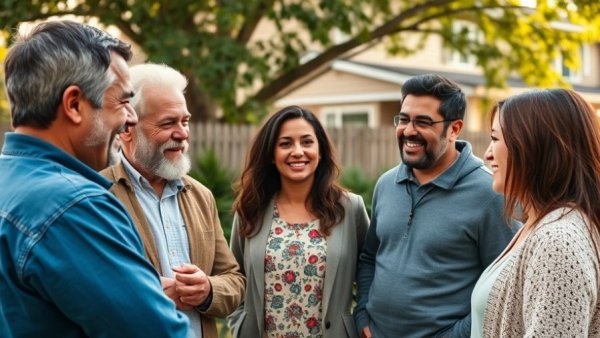 Friendly neighbors chatting over the fence; Tips for Meeting New Neighbors.