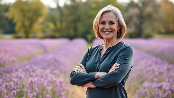 Confident woman stands in field discussing metabolism and nutrition for women over 40.