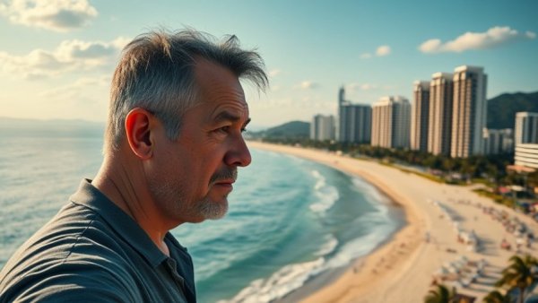 Middle-aged man pondering beach retirement in Jomtien.