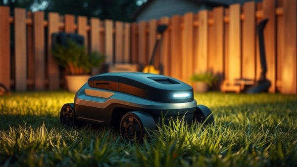 Robotic lawn mower in the evening with flashlight, showing why it's the best time to mow your lawn.
