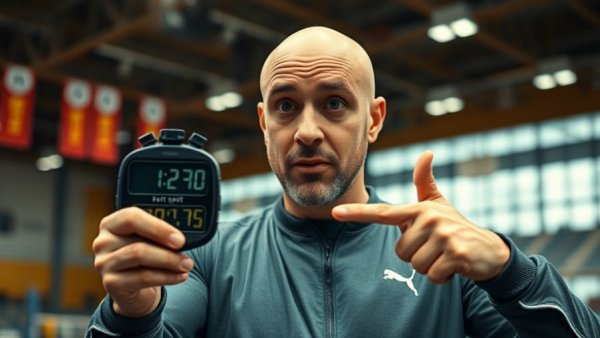 Man holding stopwatch showing fastest split time for Enhanced Games swimming.